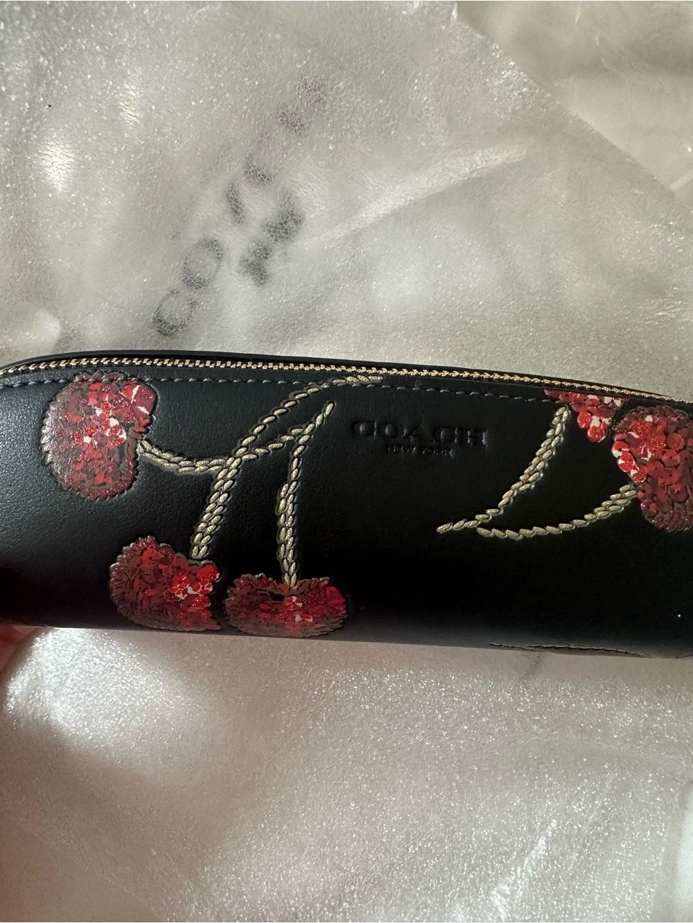 Coach Black Leather Cherry Sequin pencil pouch